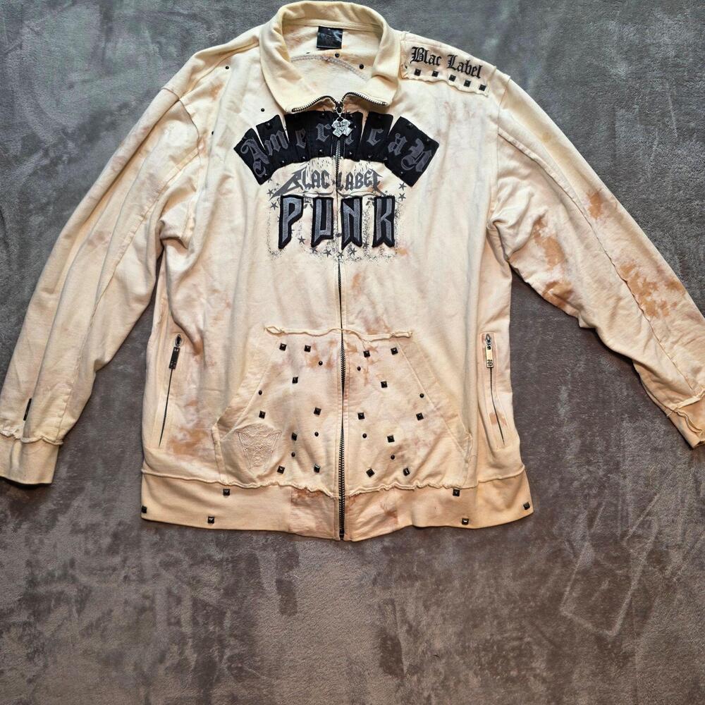 Blac Label Full Zip Sweatshirt Mens 2XL Beige Punk Anarchy Studded Graphic